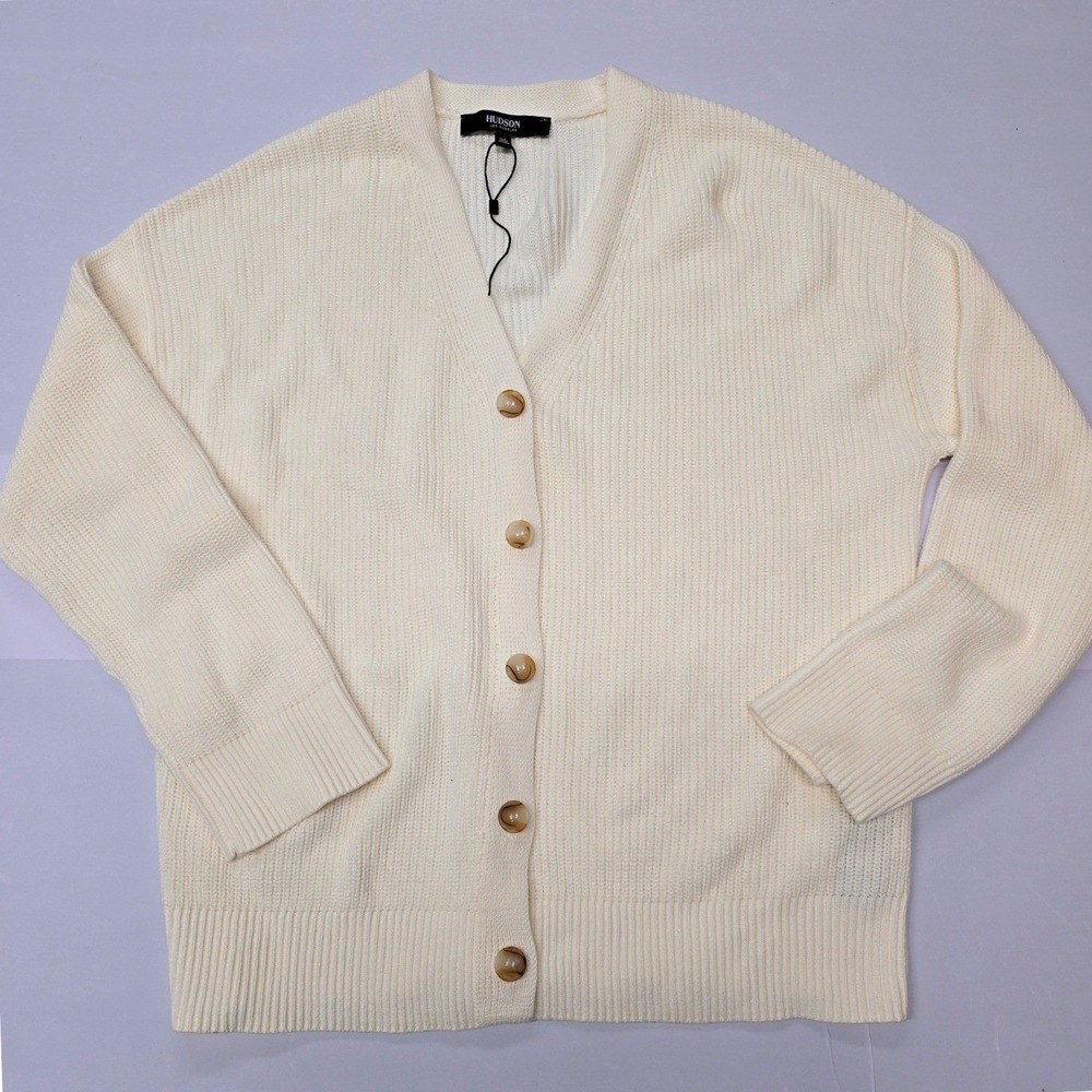 Hudson Los Angeles Women Ivory Cotton Ribbed V-Neck Button Cardigan Sweater L